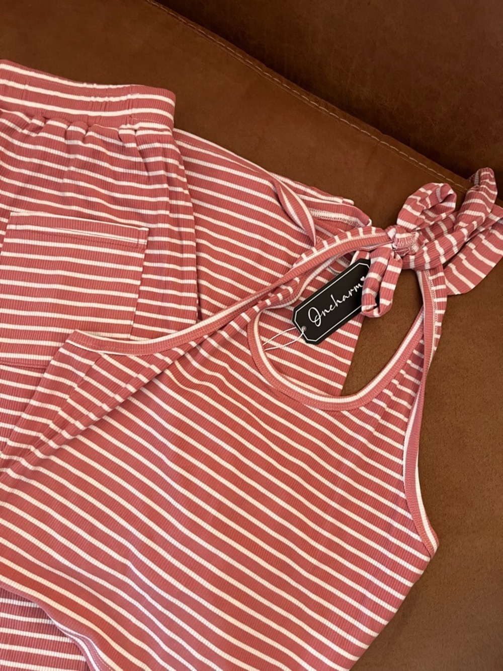 Boutique Womenspink and white striped ribbed halterneck top and lounge pants set - Picture 3 of 11